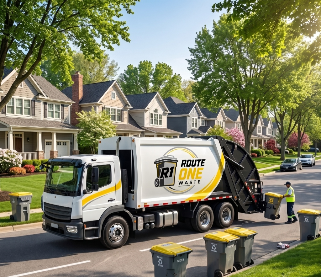 Route One Waste reliable modern yellow refuse truck